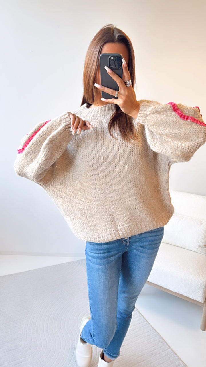 Strick Pullover mit Herz Akzenten / beige - pink Art. 8403