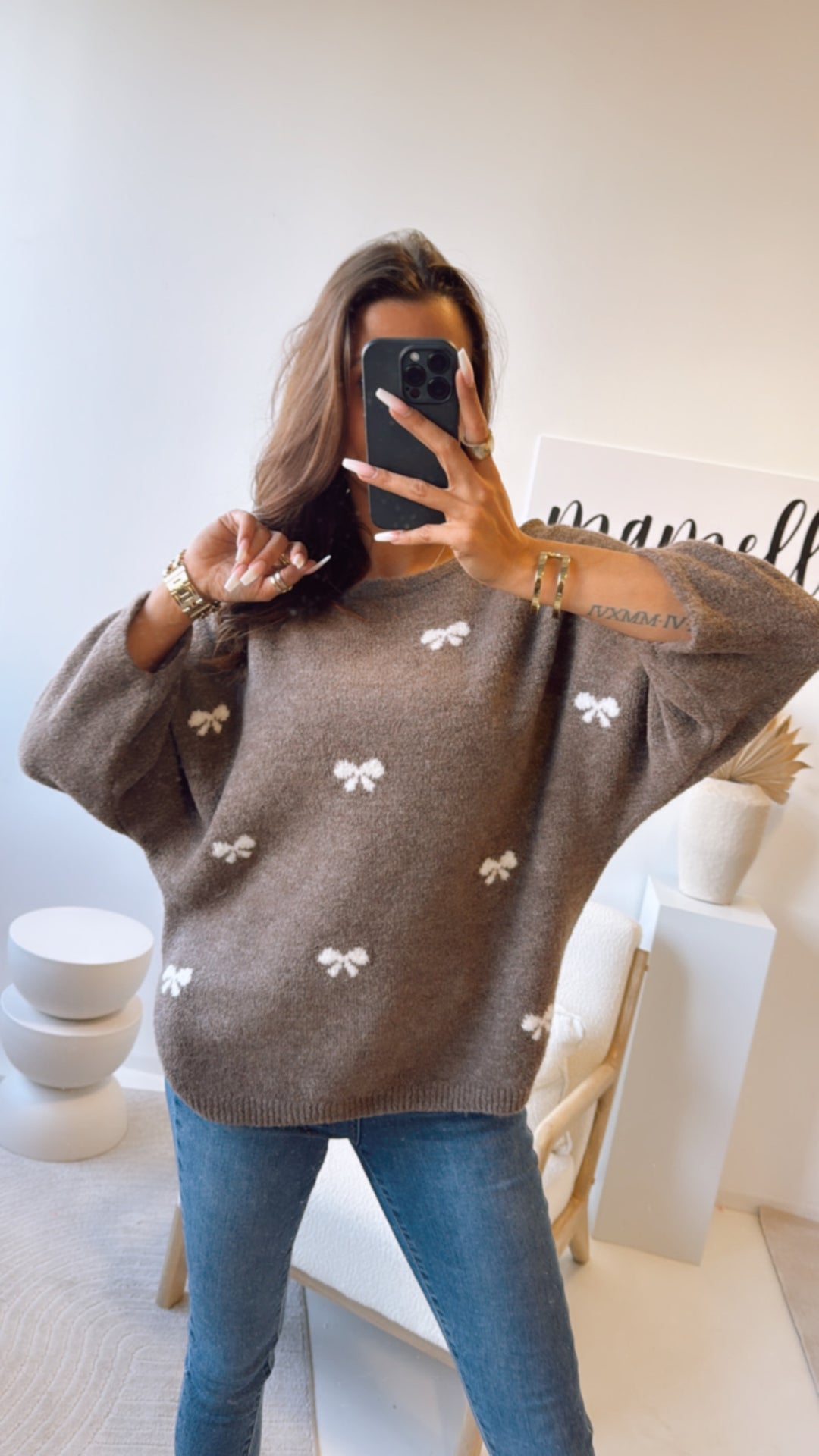 Pullover mit Schleifen, 3/4 - Ärmel / taupe - weiß Art. 9223