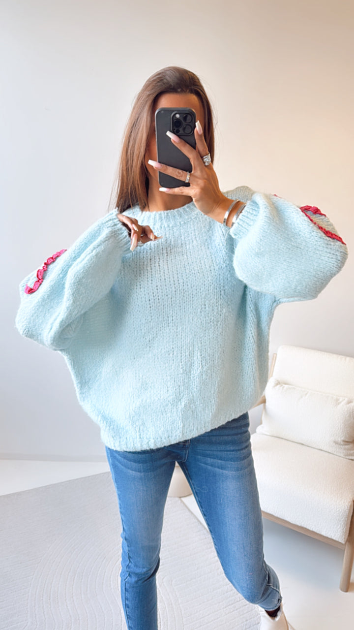 Strick Pullover mit Herz Akzenten / hell blau - pink Art. 8407