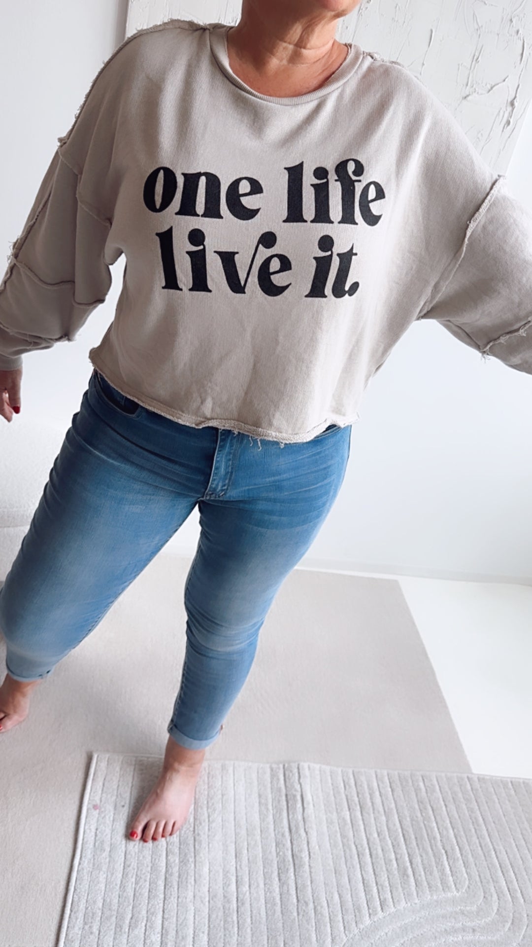 Pullover " one life. live it. " mit used - Elementen / beige-grau Art. 7423