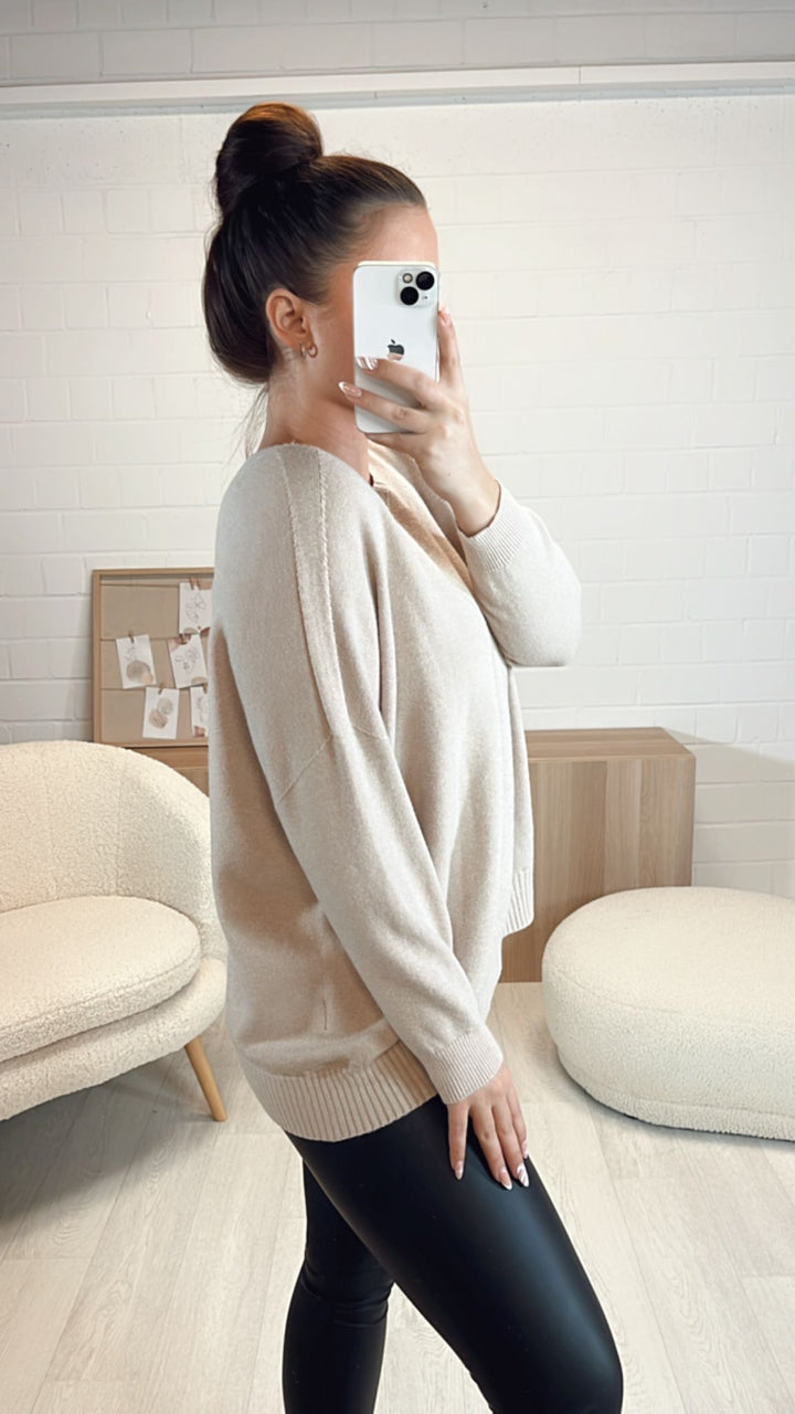 weicher Rundhals Pullover mit gerippten Akzenten / beige Art. 8265