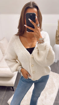 KURZER Cardigan mit goldenen Knöpfen, abgesetzter Bund und Ausschnitt / creme Art. 8821