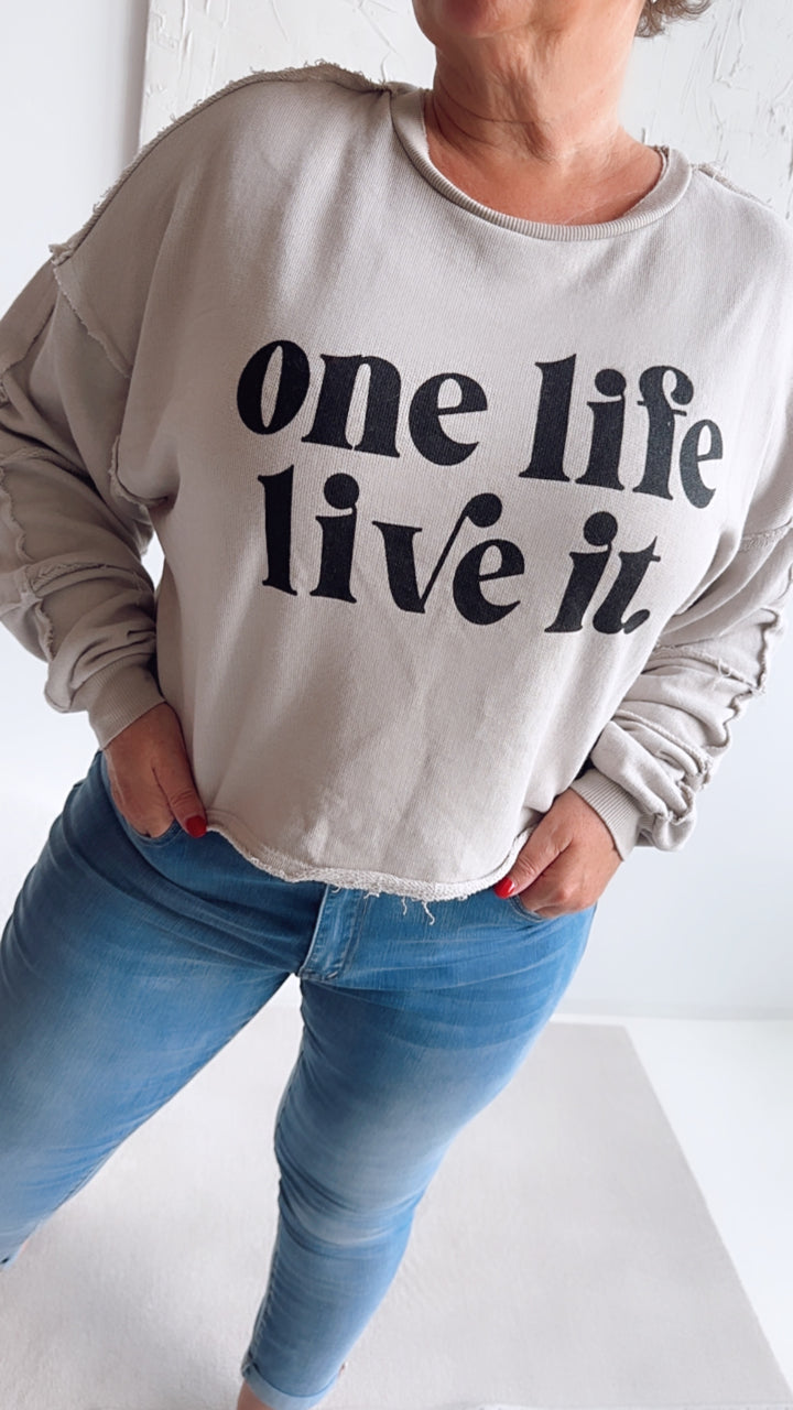 Pullover " one life. live it. " mit used - Elementen / beige-grau Art. 7423