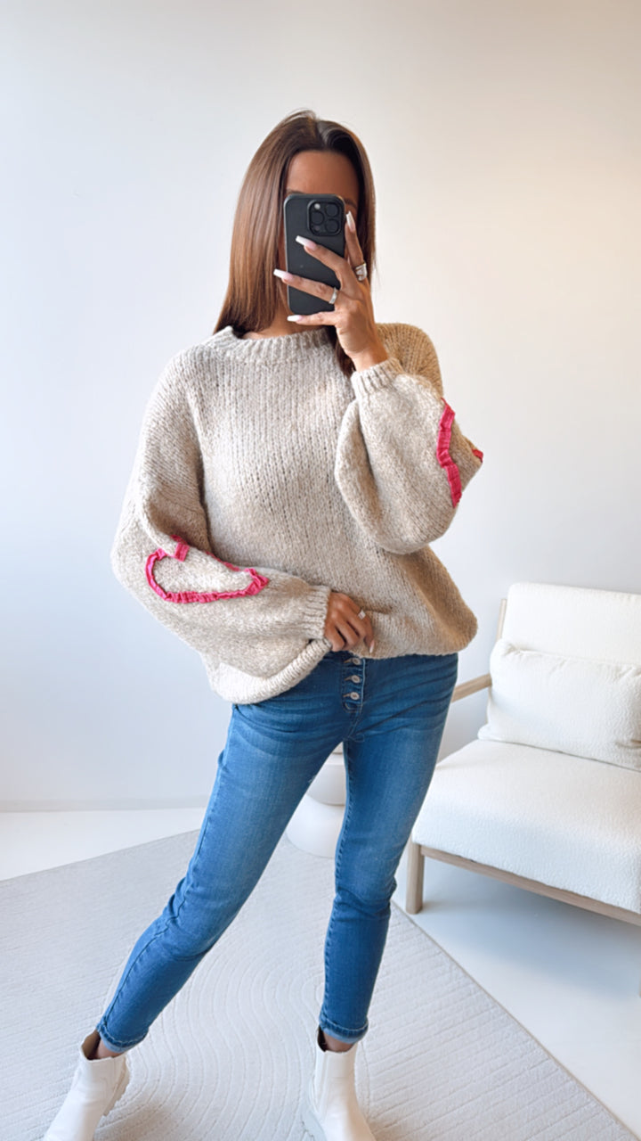 Strick Pullover mit Herz Akzenten / beige - pink Art. 8403