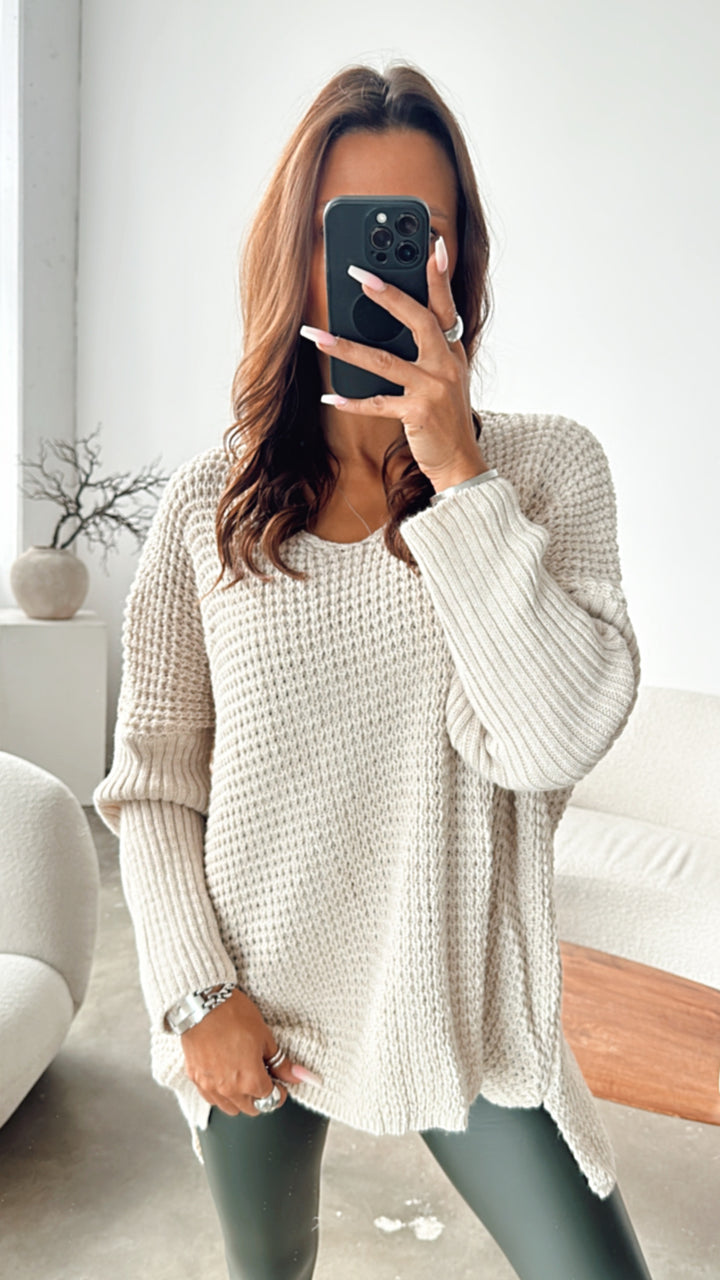 grober Strick Pullover, engere Ärmel, V-Ausschnitt / beige Art. 7439