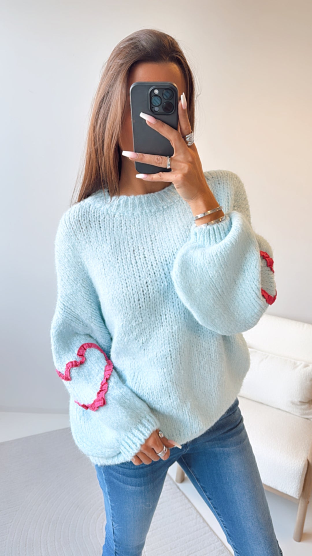 Strick Pullover mit Herz Akzenten / hell blau - pink Art. 8407