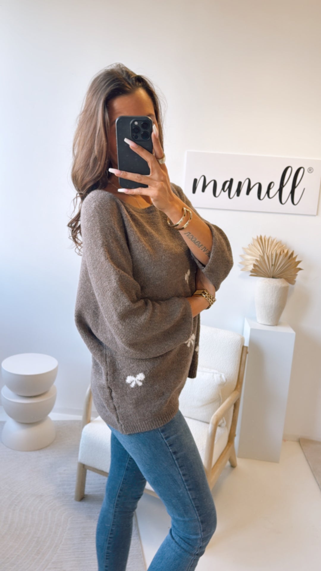 Pullover mit Schleifen, 3/4 - Ärmel / taupe - weiß Art. 9223