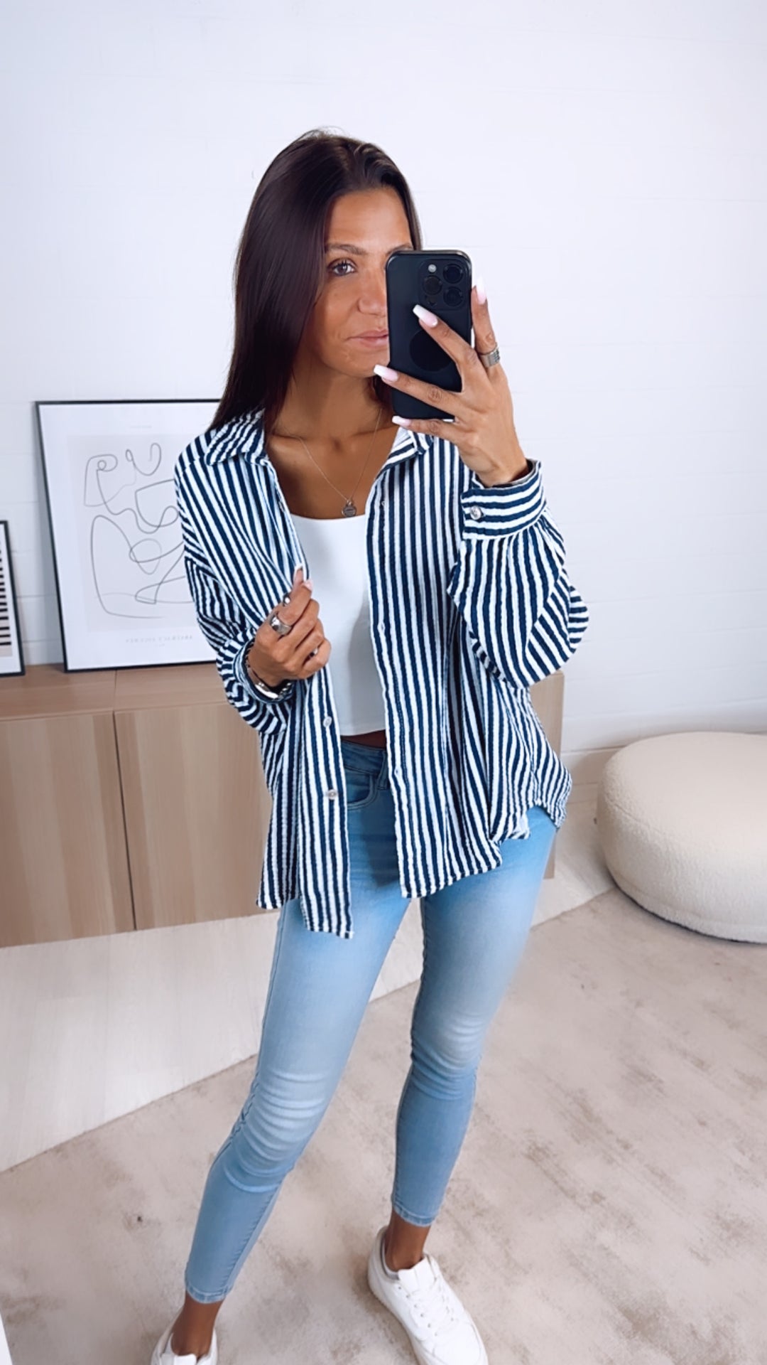 KURZE Oversize Musselin Bluse, breite Streifen / dunkel blau - weiss Art. 6517