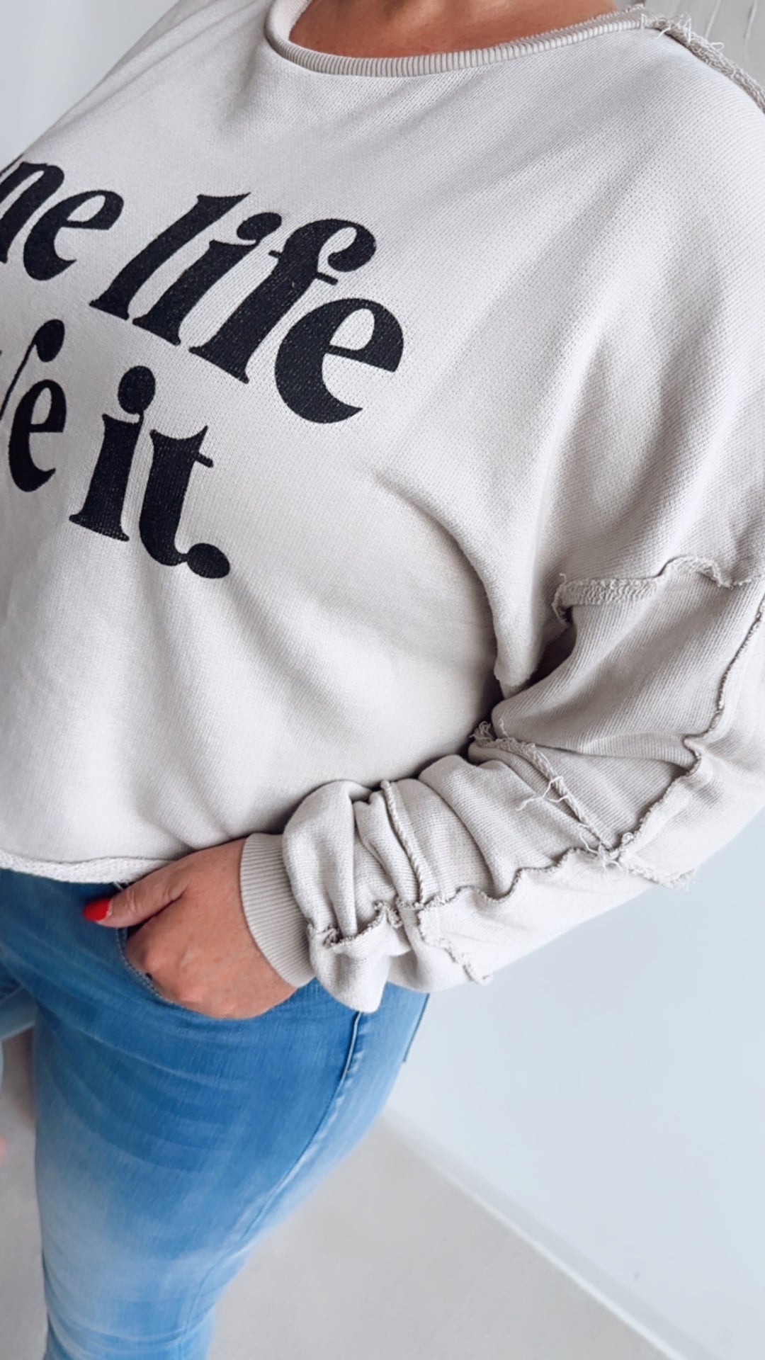 Pullover " one life. live it. " mit used - Elementen / beige-grau Art. 7423