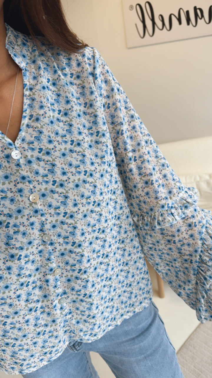 florale Bluse mit Rüschen Kragen / blau Art. 8793