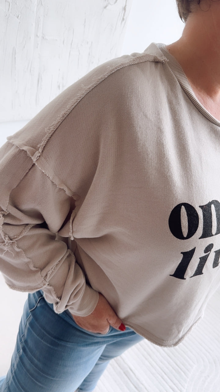 Pullover " one life. live it. " mit used - Elementen / beige-grau Art. 7423