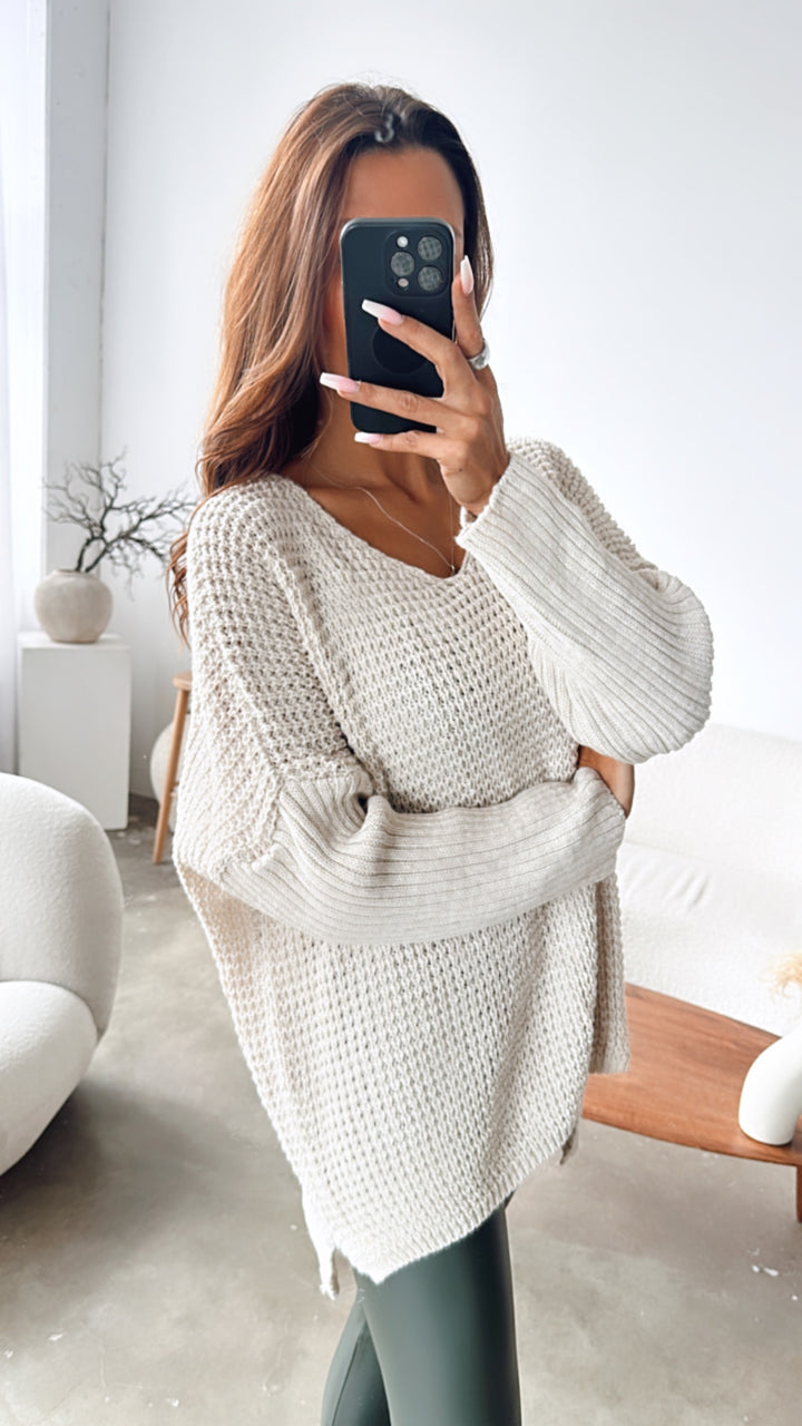 grober Strick Pullover, engere Ärmel, V-Ausschnitt / beige Art. 7439