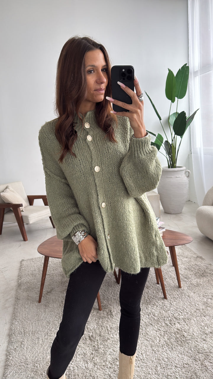 Strick Cardigan mit goldenen Knöpfen / khaki Art. 7377