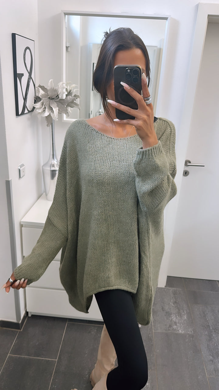 oversize Strick Pullover mit Vokuhila Schnitt / khaki Art. 5000