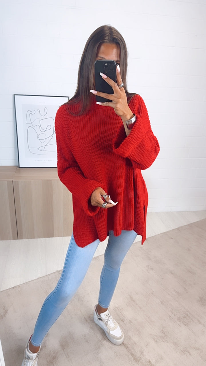 Stehkragen Oversize Pullover mit Schlitz / rot Art. 7241