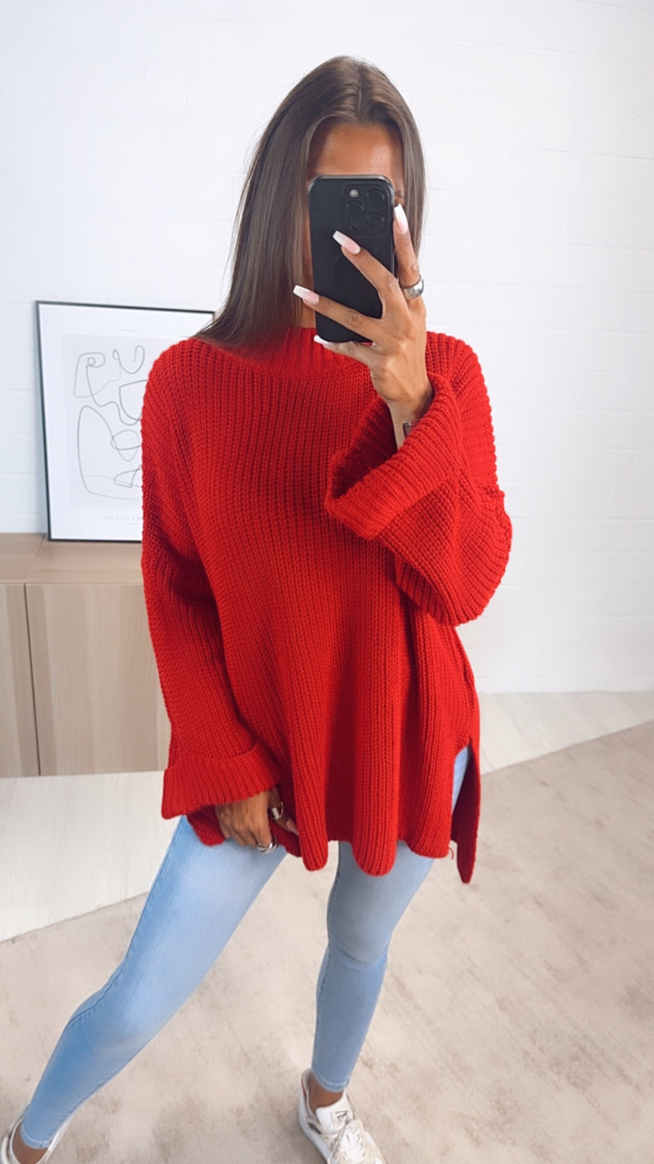 Stehkragen Oversize Pullover mit Schlitz / rot Art. 7241