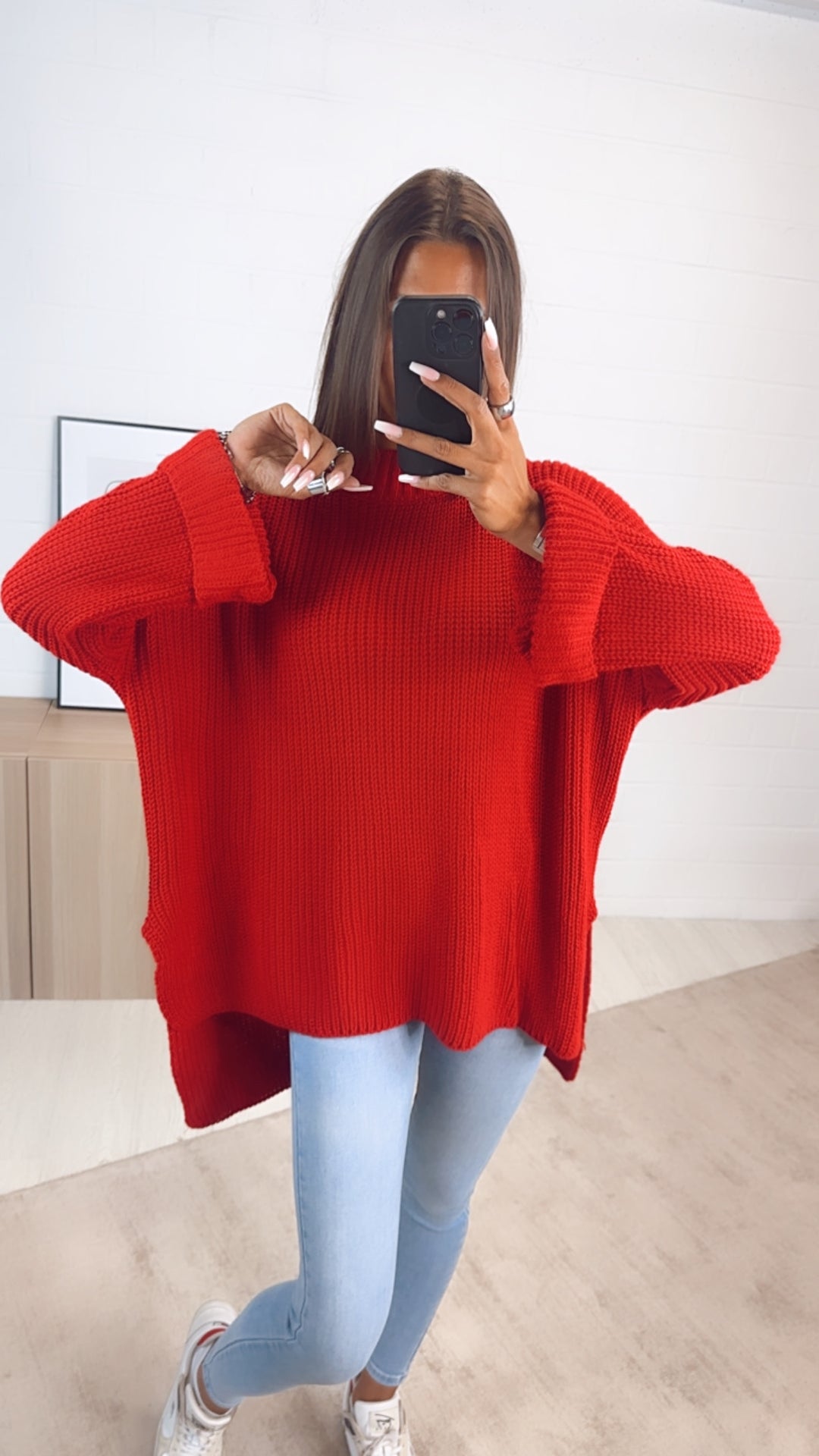 Stehkragen Oversize Pullover mit Schlitz / rot Art. 7241