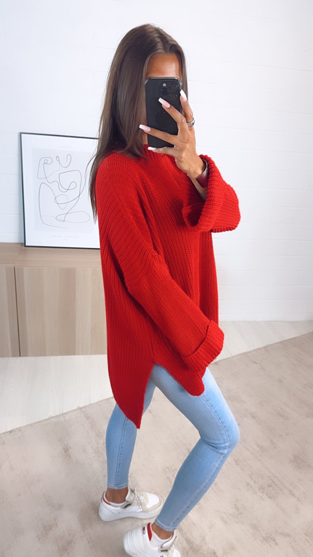 Stehkragen Oversize Pullover mit Schlitz / rot Art. 7241