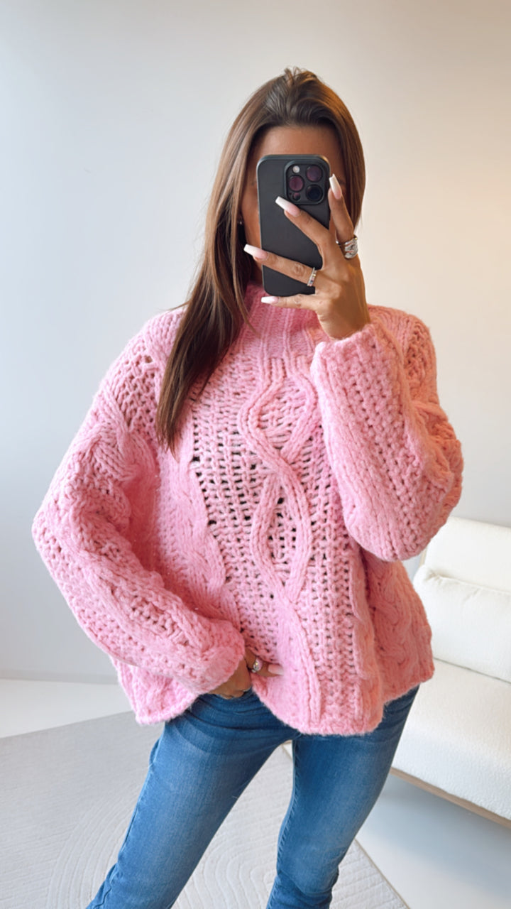 locker gestrickter Zopfmuster Pullover / rosa Art. 8390