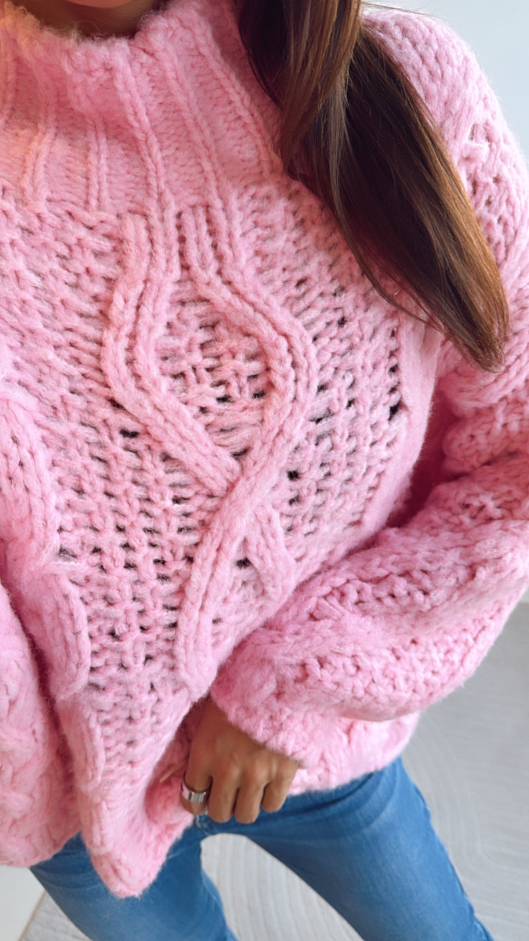 locker gestrickter Zopfmuster Pullover / rosa Art. 8390