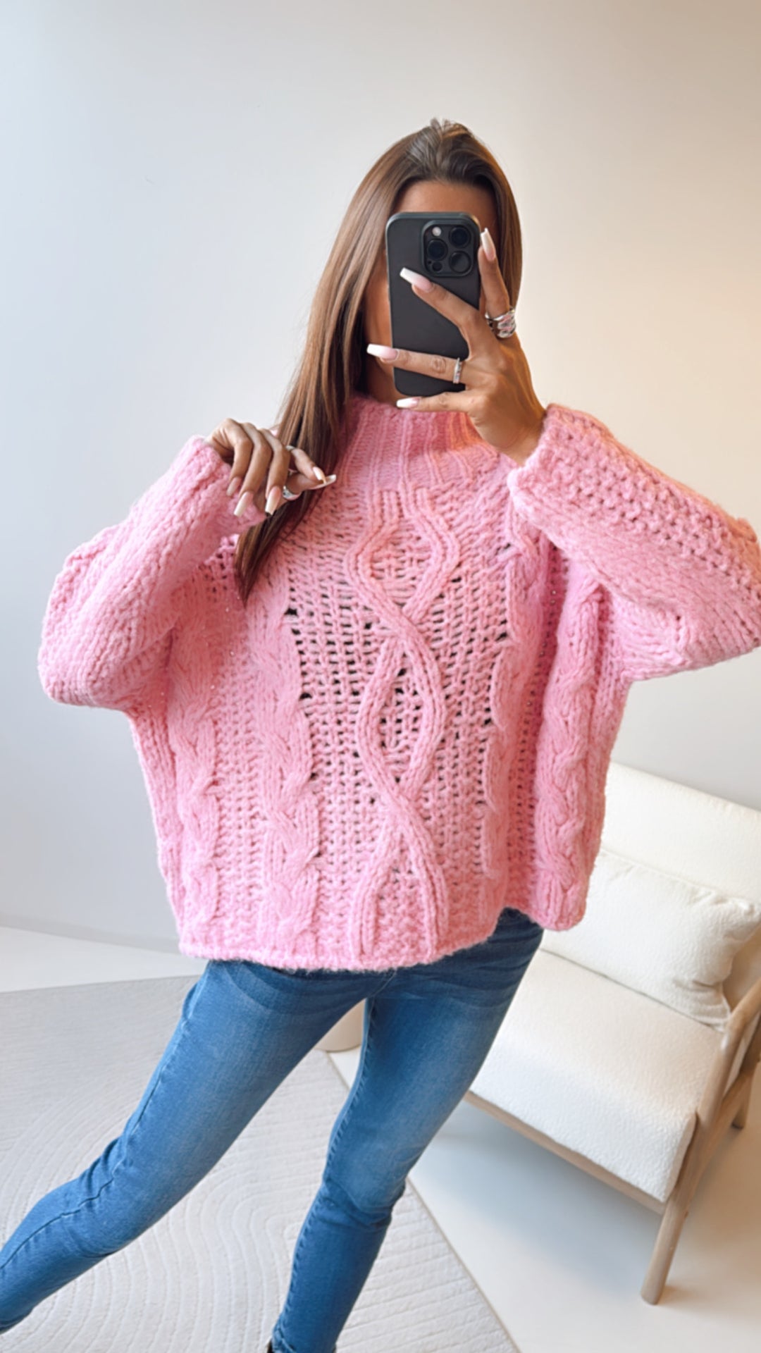 locker gestrickter Zopfmuster Pullover / rosa Art. 8390