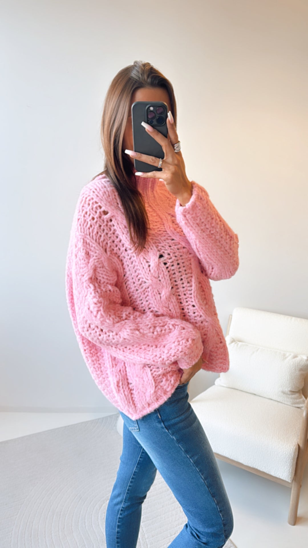 locker gestrickter Zopfmuster Pullover / rosa Art. 8390