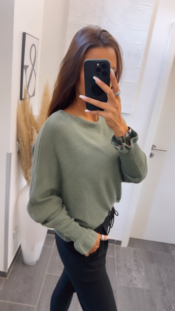 schlichter Pullover, Fledermausärmel, Volantapplikationen / khaki Art. 7442