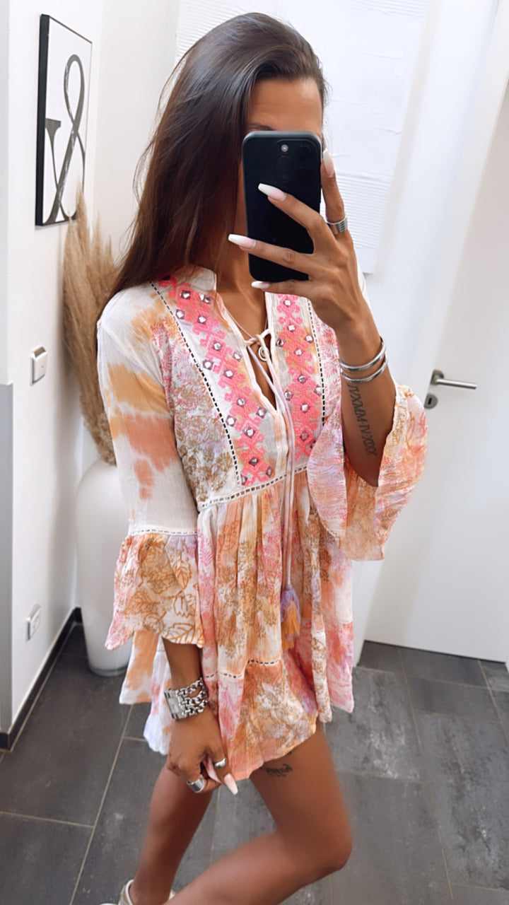 Premium Longbluse/ Tunika  / Boho beige-pink-orange Art. 6298