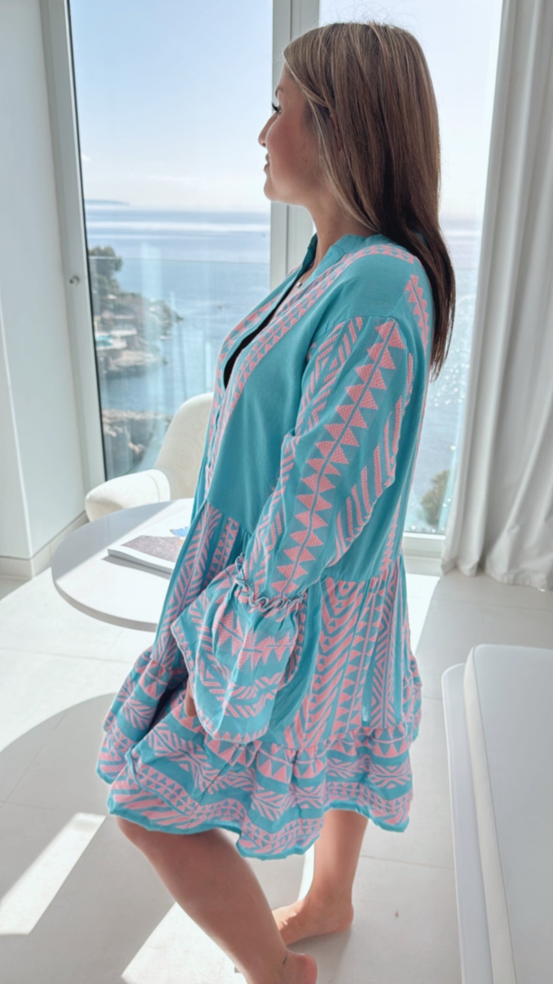 Tunika Kleid mit ausgefallenem Muster, eckige Formen / aqua - soft pink Art. 8843