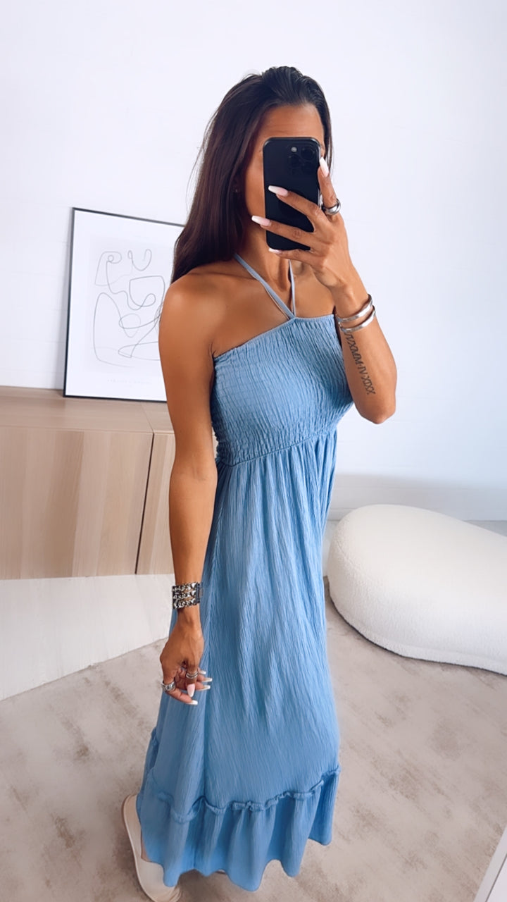 (Maxi-) Kleid mit Schnüren Neckholder, Glitzerschimmer / denim blau Art. 63991