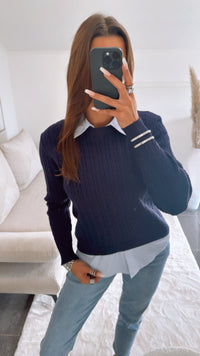 ZOPFMUSTER Pullover mit abnehmbarem Blusenkragen / dunkel blau - blau - weiss Art. 8656