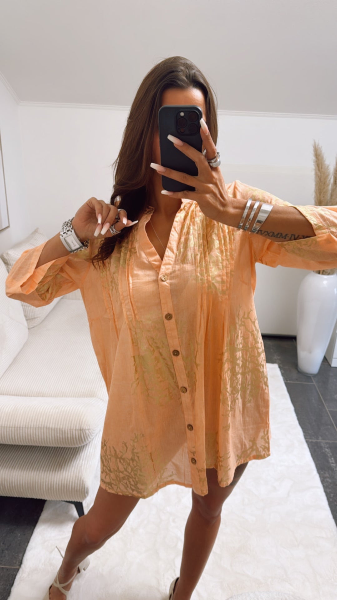 dünne Long Bluse / Tunika mit goldenen Akzenten / soft orange Art. 8881