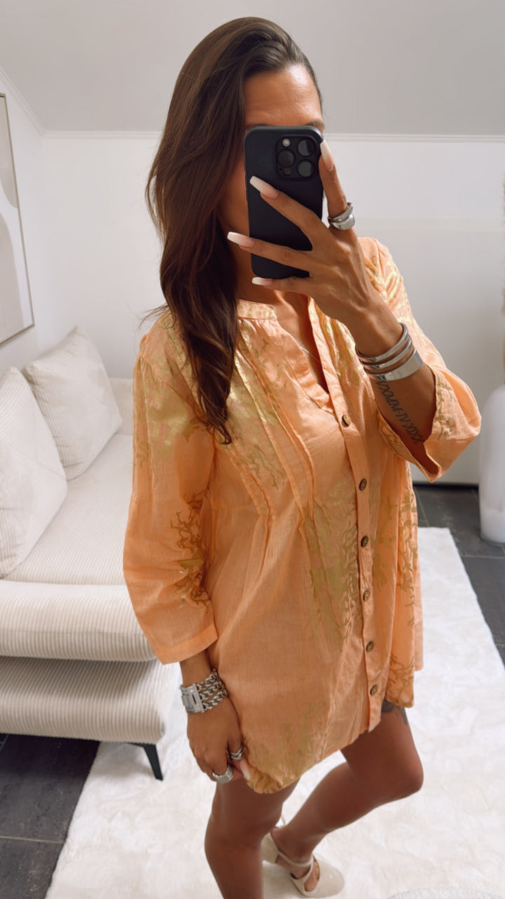 dünne Long Bluse / Tunika mit goldenen Akzenten / soft orange Art. 8881