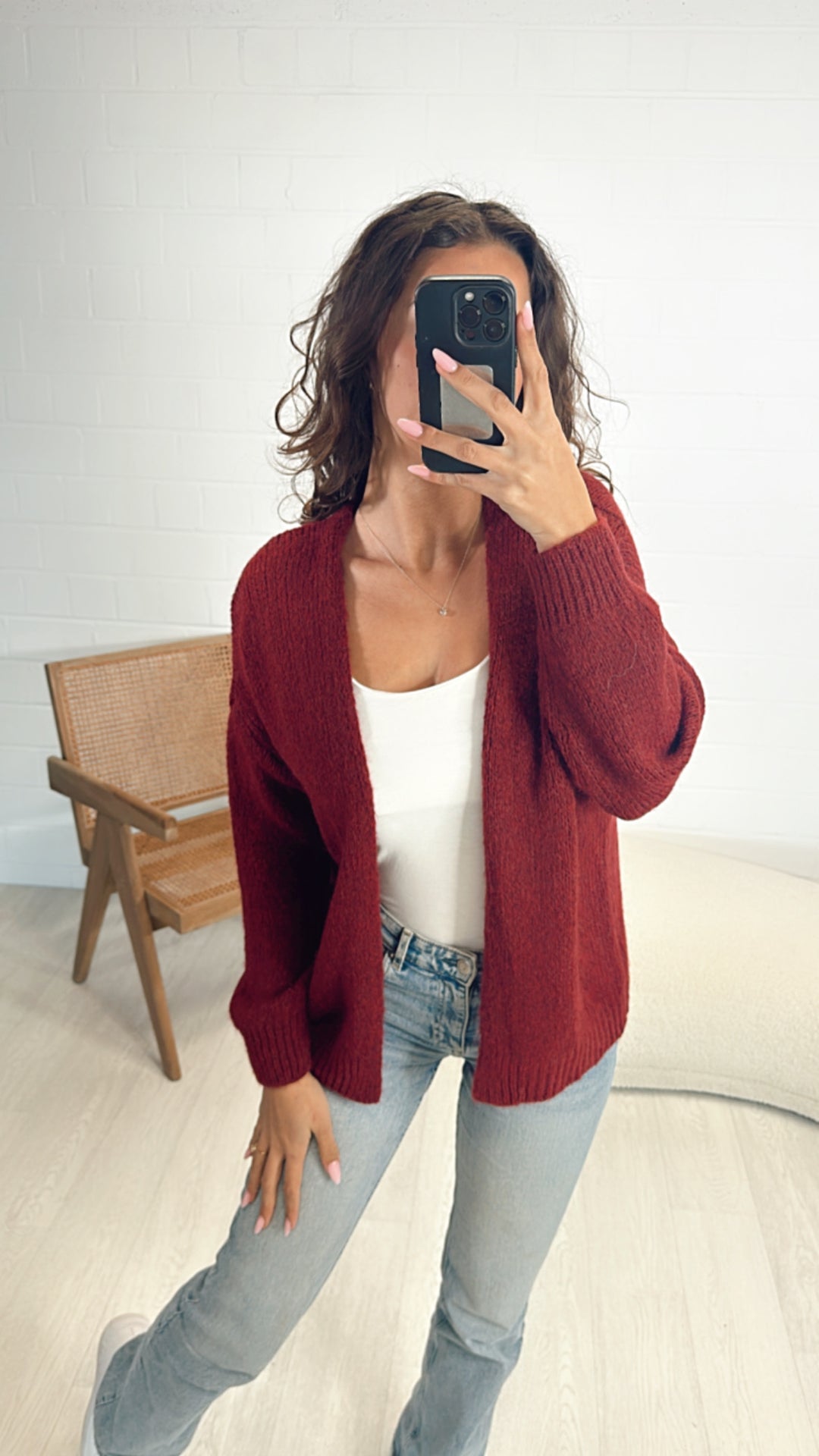 Offener, mittellanger Strick Cardigan/ bordeaux rot - Art.7914