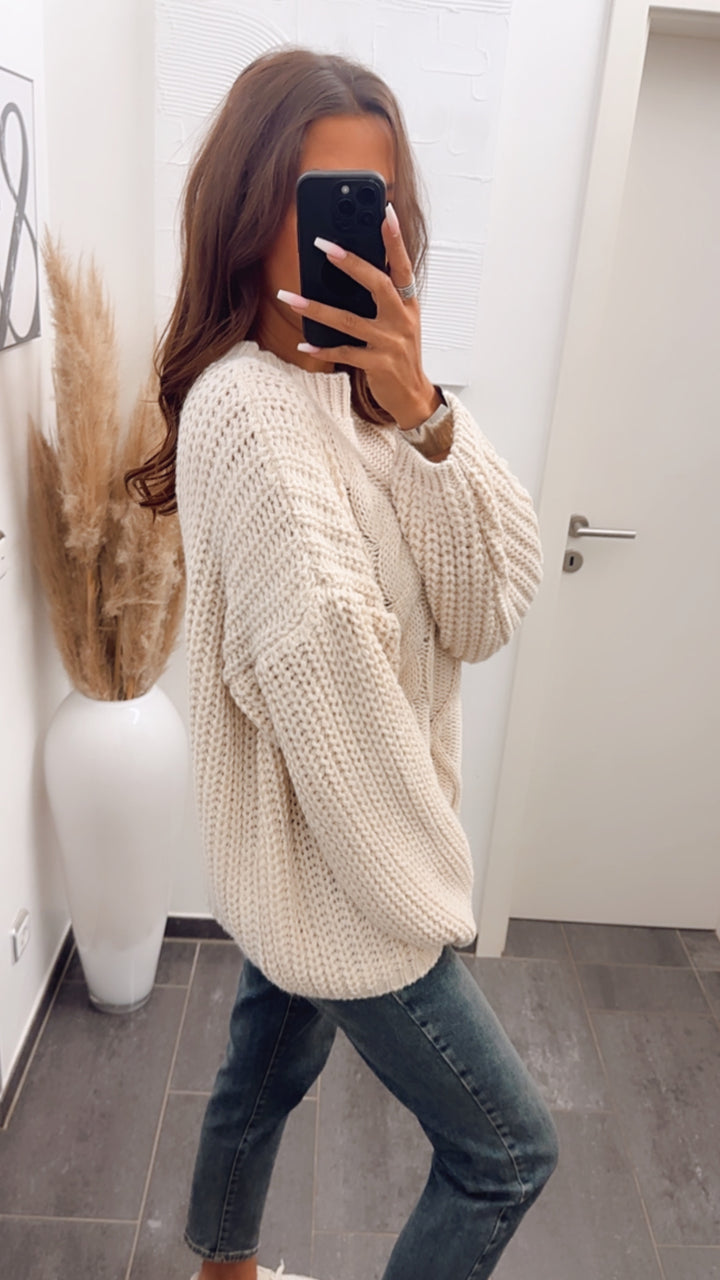 grober Strick Pullover mit Zopfmuster / hell beige  Art. 7969