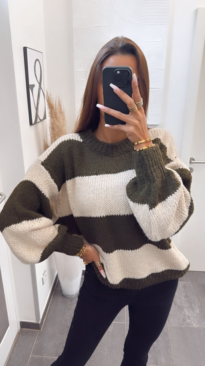 gestreifter Kuschel Pullover / creme - khaki Art. 8064