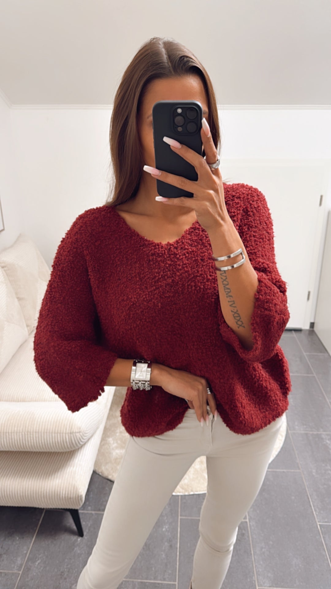 TEDDY Kuschel Pullover mit kurzen Armen, V-Ausschnitt / bordeaux - rot Art. 8068