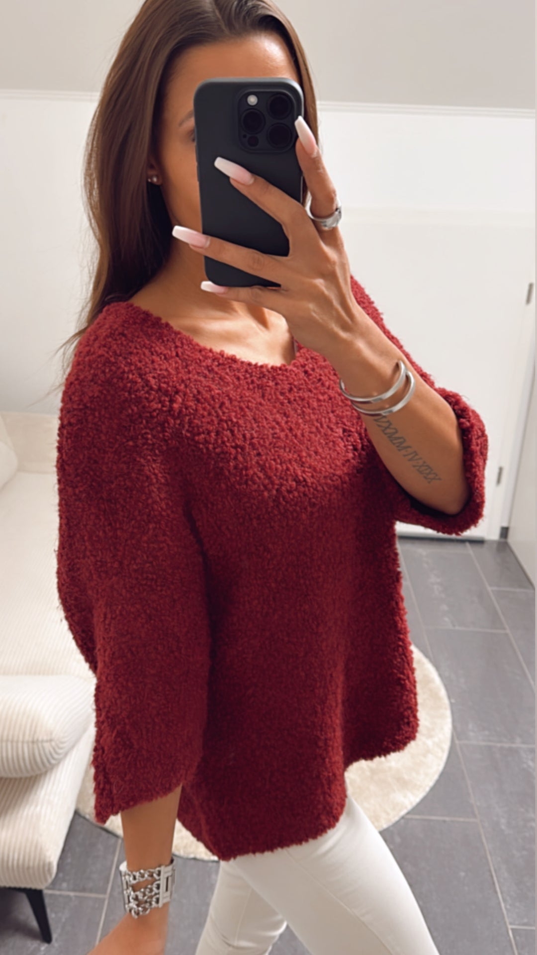 TEDDY Kuschel Pullover mit kurzen Armen, V-Ausschnitt / bordeaux - rot Art. 8068