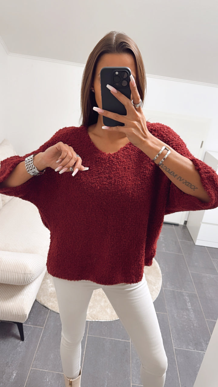 TEDDY Kuschel Pullover mit kurzen Armen, V-Ausschnitt / bordeaux - rot Art. 8068