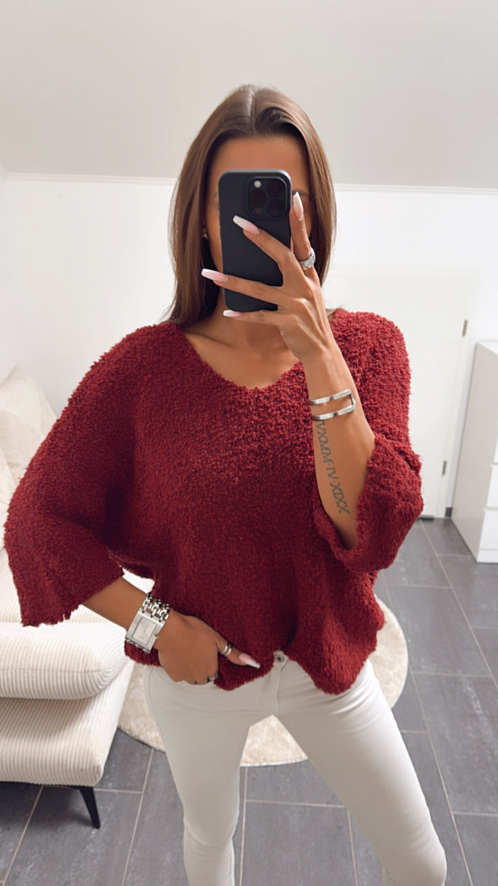 TEDDY Kuschel Pullover mit kurzen Armen, V-Ausschnitt / bordeaux - rot Art. 8068