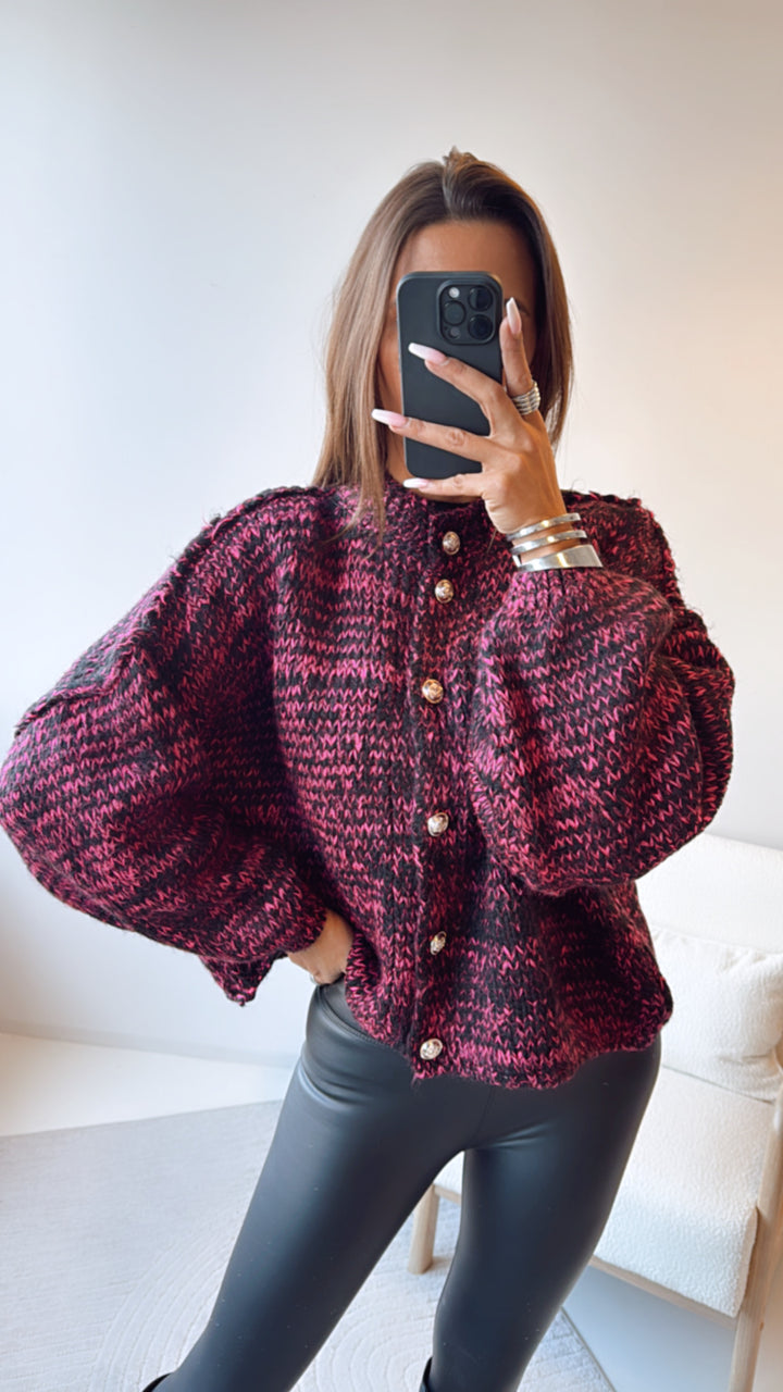 Strick Cardigan mit goldenen Knöpfen / schwarz - pink Art. 8112