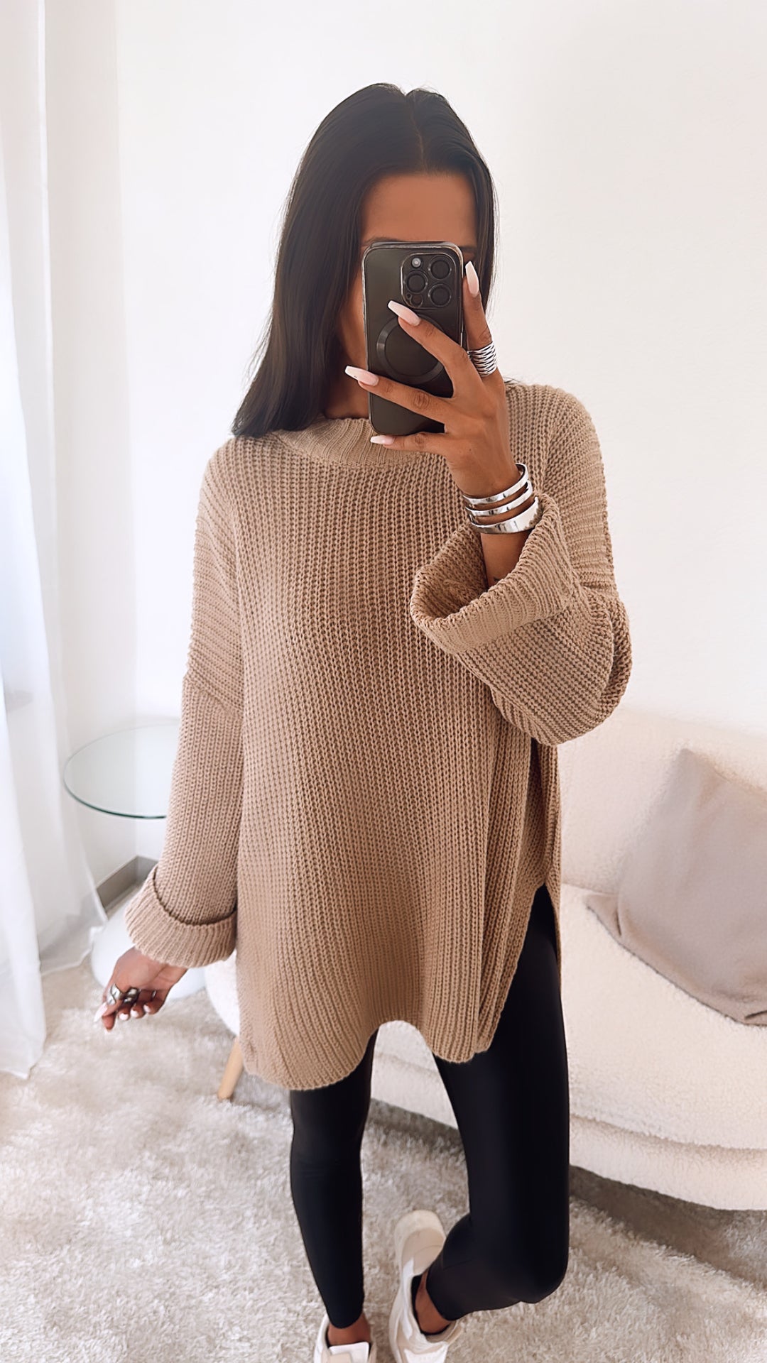 Stehkragen oversize Pullover mit Schlitz / cappuccino Art. 4924